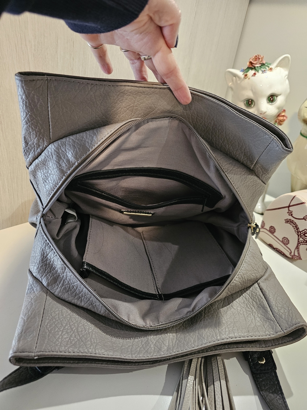 Light Gray/Taupe Tote Bag with Tassel - Women Bags - Picture 3 of 6